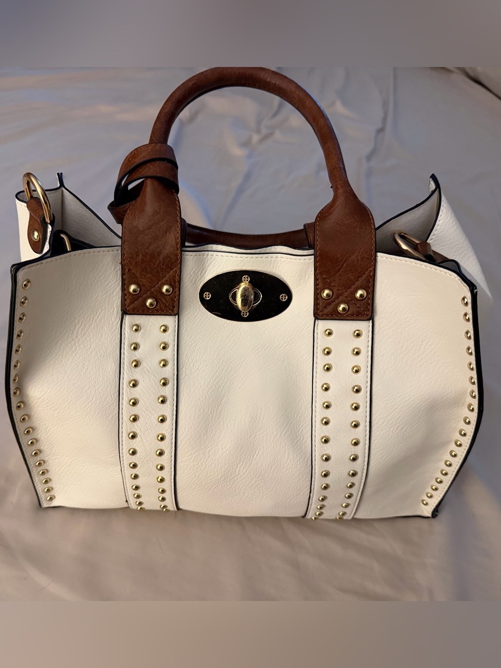 White and Brown Studded Pleather Tote Satchel
